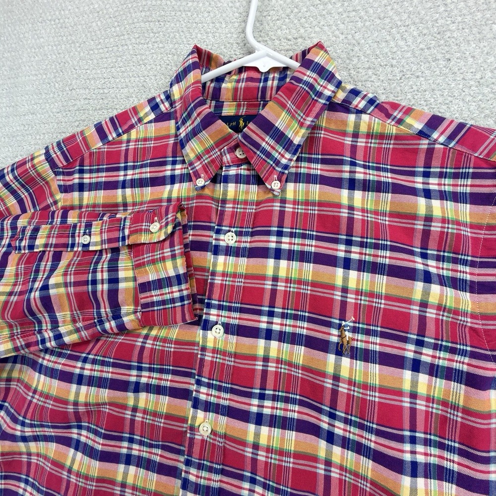 Ralph Lauren Oxford Shirt Mens L Classic Fit Red Plaid Flesh Pony Button Down